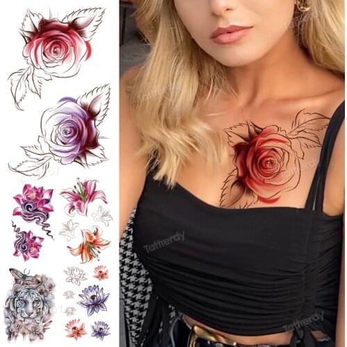 Rose flowers temporary tattoo for women body art water transfer tattoos breast back arm sleeve tatoo lotus cat fox anime tattoo
