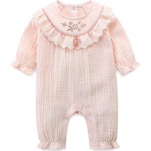 Newborn Baby Romper Cotton Long-Sleeved Lace Pullover Baby Jumpsuit Spring Embroidery Princess Rompers