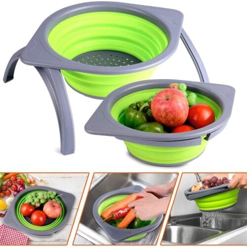 Foldable Fruit Vegetable Washing Basket Strainer Strainer Collapsible Drainer with Bracket Portable Outdoor Camping Kitchen Tool
