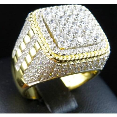 Punk Sparkling Zircon Ring Men Gold Color Statement Ring Luxury Engagement Rings for Women Wedding Band Party Jewelry Size 7-12