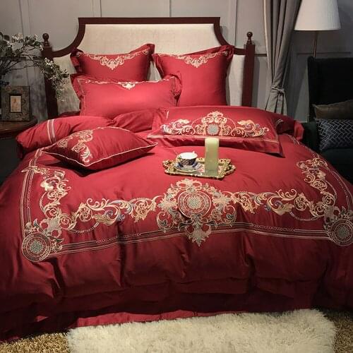 New 100S Egyptian cotton Luxury Embroidery Wedding Bedding Set 4pcs Queen King Duvet cover bed sheet set Pillowcases purple red