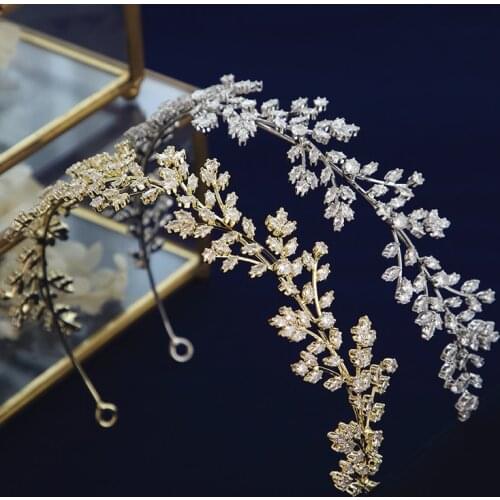 Vintage Leaves Clear Zircon Wedding Tiaras Hairbands Crystal Brides Hair Accessories Evening Hair Jewelry