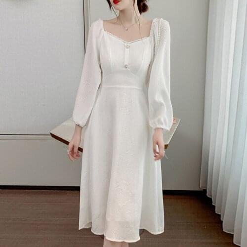 Autumn V-neck Solid Color Dresses Long-Sleeved Elegant Female Temperament Party Dress