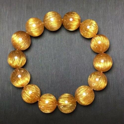 Certificate Natural Copper Rutilated Quartz Crystal 16mm Cat Eye Effect Gemstone Round Beads Bracelet AAAAAAA
