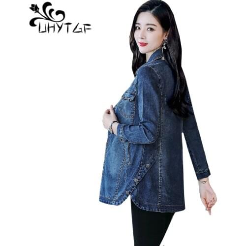 UHYTGF 5XL plus size denim jacket women fashion pocket Korean casual spring autumn jeans coats wild elegant female jackets 1078