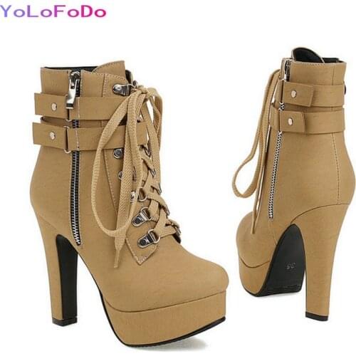 Plus Size 34-43 Women Ankle Boots Platform Square High Heel Women Short Boots Short Plush Autumn Winter Womans Shoes PU Leather