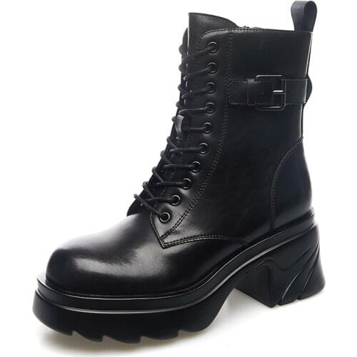 Women Motorcycle Boots Wedges Flat Shoes Woman Platform Genuine Leather Boots Lace Up Women Shoes Black Boots Girls Punk Shoes