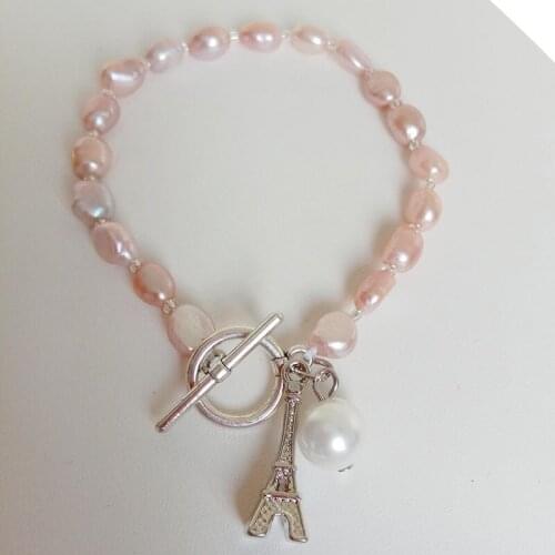 Top fashion pearl bracelet made of 100% NATURE FRESHWATER PEARL BRACELET-7-9 mm long BAROQUE shape PEARL, Eiffel tower hanger
