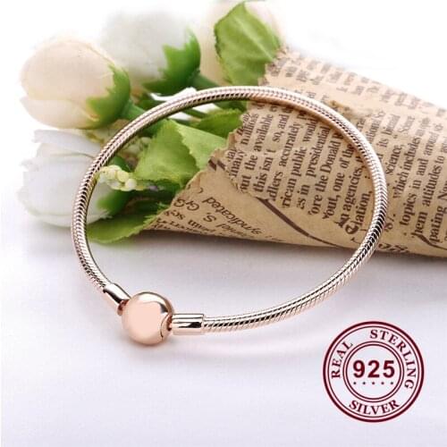 Real 925 Sterling Silver Rose Gold Round Head Classic Letter Bracelet Fit Charms Bracelets Women Jewelry