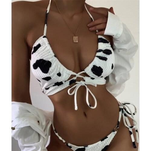 Bandage String Swimsuit Women 2 Piecs Bikini Mujer 2021 Sexy Backless Cow Print Swimwear High Cut Sport Womens Swimming Suit