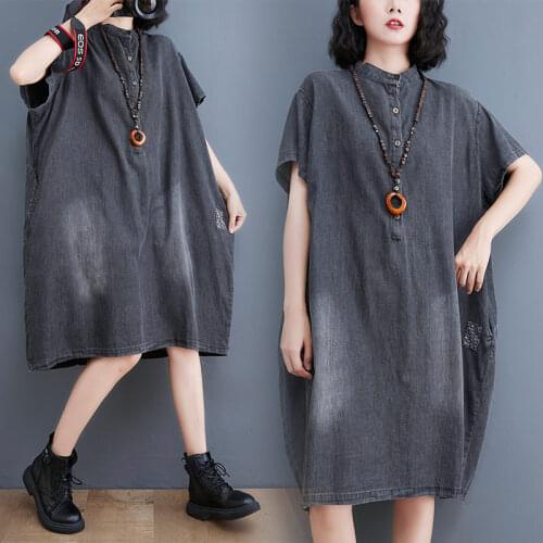 Oversized Short Sleeve Summer Clothing 2021 New Casual Plus Size Baggy Dress Vintage Womens Mid-Length Denim Dress Tops zh1615