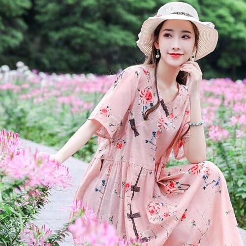 Print Floral Prairie Chic Travel Casual Dress 2021 New Arrival Thin Soft Cotton Linen Loose Summer Dress Women Vintage Dress
