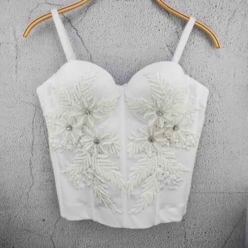 Cupplee Rhinestones Flower Embroidered Women Crop Top Bustier Long Corset Bralette Camisole Removable Strap Vest Black White