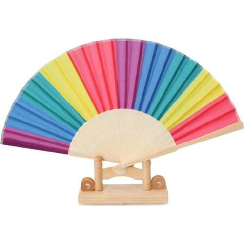 7-inch Colorful Rainbow Hand Fan Bamboo Bones Dacron Fan Natural Bright Color Home Decoration