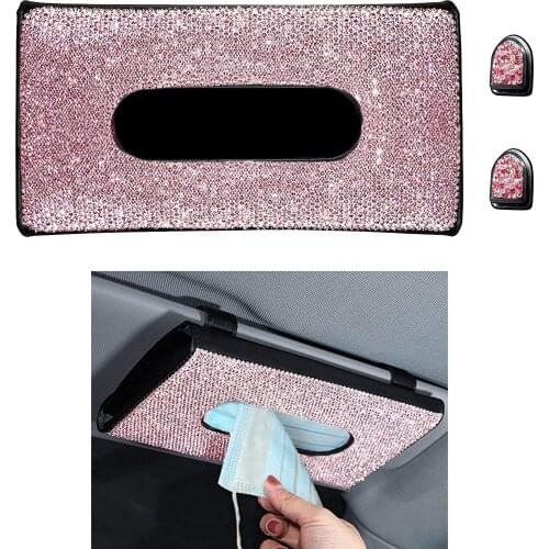 Car Tissue Holder with Crystals, Cars Sun Visor Napkin Holder,Tissue Case Holder Vehicle Towel Paper Storage Box with Diamonds