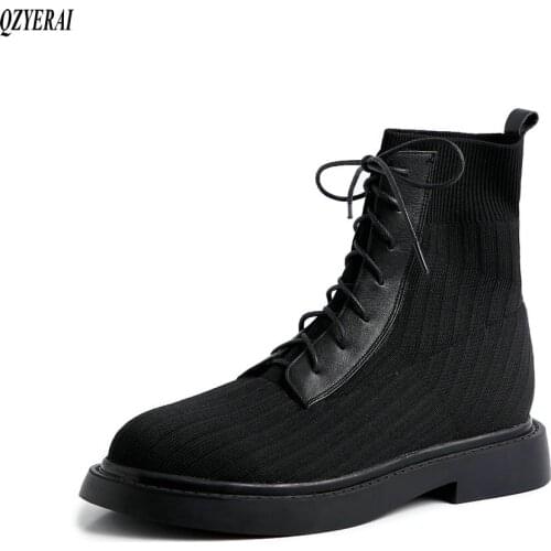 QZYERAI new Genuine leather Knitting wool Martin boots Womens boots European Autumn winter Female boots cowhide Womens shoes