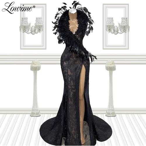 Black Evening Dresses V Neck Feather Beaded Long Party Gowns Formal Celebrity Dresses Women Robe De Soiree Plus Size Prom Dress