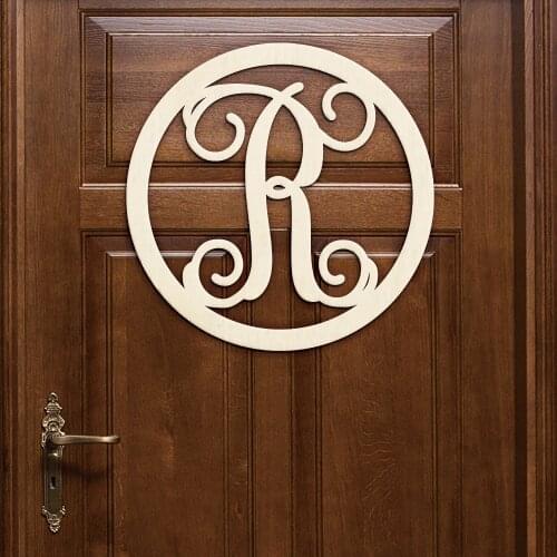 A - Z Wooden Monogram Circle Letter Door Hanger Front Door Wreath with Initial Wall Art Home Decoration Gift for Housewarming