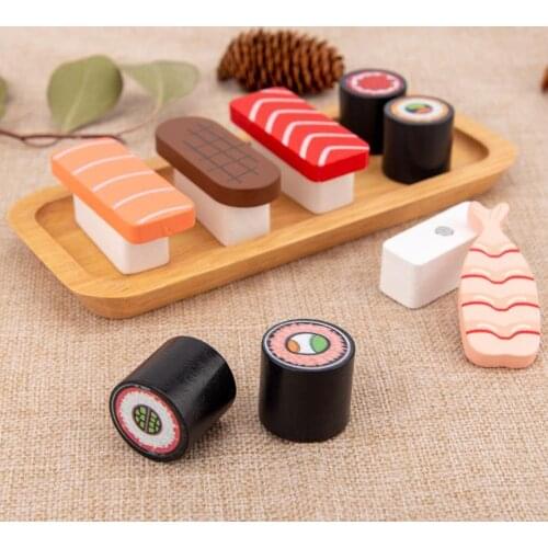 Wooden Pretend Play Toys Food Sushi Set with Serving Board Play Food Educational