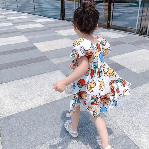 Kids Clothes Baby Girls Cartoon Doll Rainbow Puff Sleeve Princess Dress 2021 Summer New Arrival Casual A-line Dress For 2-7Yrs