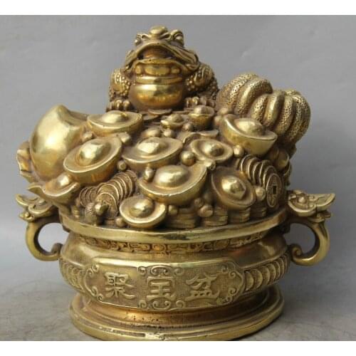 Hui88K790++10" Chinese Folk Brass Treasure bowl Golden Toad Spittor Peach Yuan Bao Statue