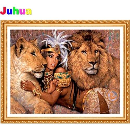 Egyptian queen 5d diy diamond painting cross stitch full square round drill woman and lion diamond embroidery gift home decor