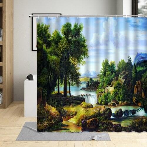 Oil Painting Scenery Shower Curtain Country Forest House Trees Landscape Spring Green Plant Bathroom Polyester Cloth Curtain Set