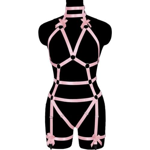 Kawaii Full Boby Harness Pink Bowknot Sexy Bondage Pastel Goth Wedding Garter Clothes Accessories Charming Erotic Lingerie
