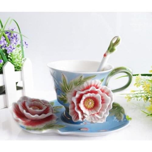 Creative Peony Ceramic Coffee Cup Dish Spoon Bone China High Quality Coffee Cup Very Exquisite Luxurious and Beautiful
