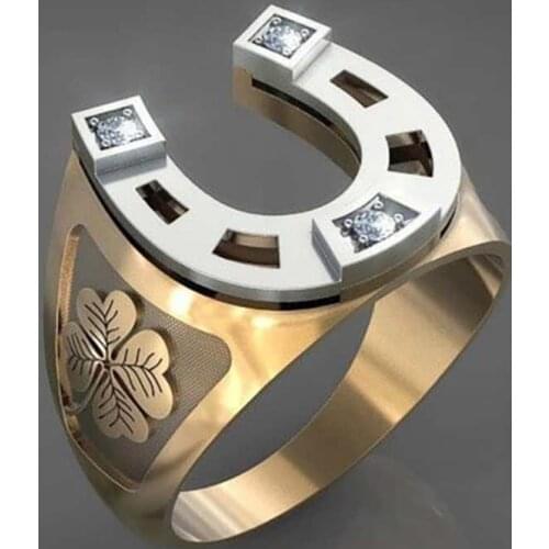 Trendy Gold Two-tone Horseshoe U-shaped Ring Men Luxury Crystal Four Leaf Clover Wedding Rings for Women Men Boho Unique Jewelry