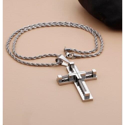 Stainless Steel Wire Chain Large Cross crucifix Pendant religions Necklace Mens XMAS Gifts 4mm 22 inch