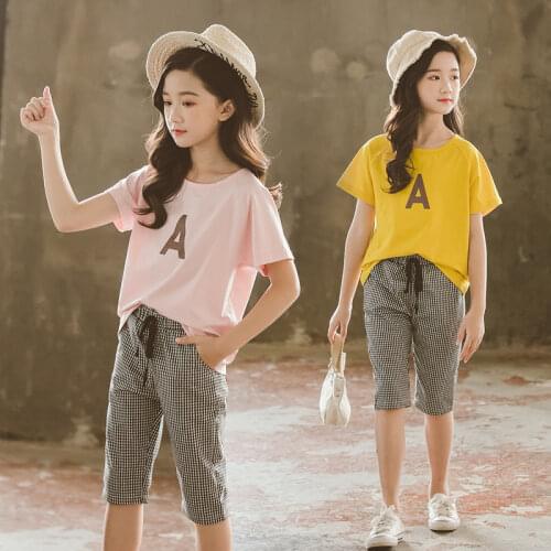 2021 New teenager Summer Girls Sets Children Clothes Tracksuit T Shirt + plaid Pants Casual Kids Outfits 5 6 7 8 10 12 13 Years