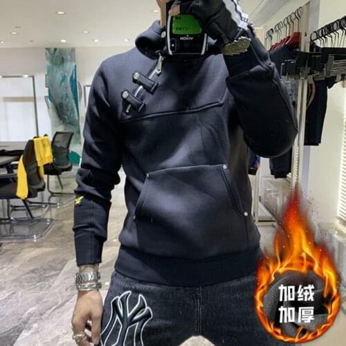 Hoodie Sweatshirt Mens Plus Velvet Spring and Autumn Personality Hooded Sweater Youth Pullover Pure Color Sweater Hoodie Men