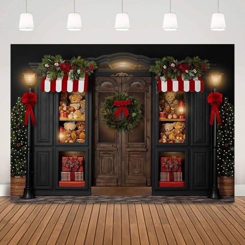 Vintage Christmas Door Birthday Background Photo Shoot Wreath Bears Toys Gifts Lamp Winter Backdrop Decor Merry Xmas Photography
