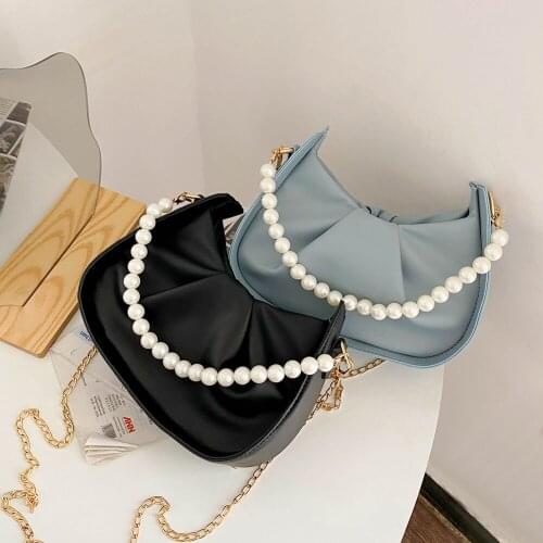 Ladies Pearl Chain Pleated Shoulder Bag Women Stylish PU Leather Solid Color Crossbody Messenger Bags Streetwear