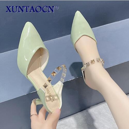 Pointed Transparent Strap Rivet Thin Cup High Heels PU Leather Solid Color Stiletto Women Luxury 2021 Summer Sandals