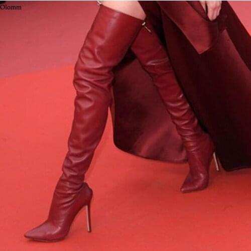 Olomm New Fashion Women Winter Thigh Boots Back Zipper Sexy Stiletto Heels Pointed Toe Pretty Red Club Shoes Women US Size 5-15