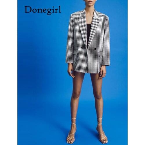 2021 Newest Spring and Autumn Blazer Jacket Double Breasted Plaid Coat Vintage Long Sleeve Pockets Female Outerwear Chic Tops