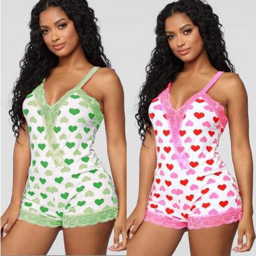 Newest Arrival Women Hearts Printed Lace Playsuit Lady Girls V-neck Strap Rompers Fashion Sleveless Playsuits Trainning Clothes
