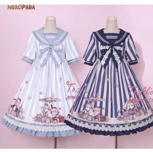 Navy Bear Cute Womens Lolita OP Dress Summer Short Sleeve Bubble Dress Cute Big Bow One Piece Sailor Collar