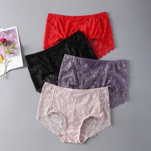 4 Pack Womens 100% real silk crotch with sexy full lace outside middle rise panties briefs Underwear Lingerie size M L XL 1025