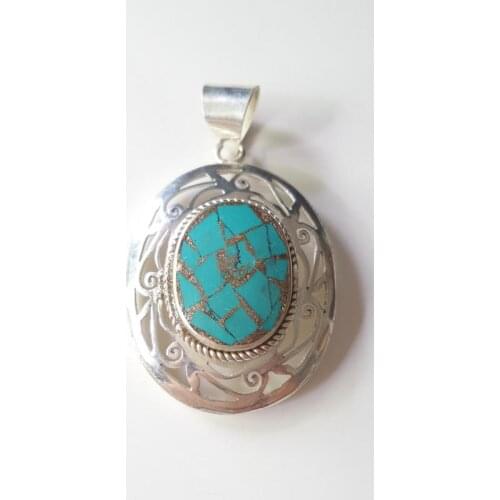 TBP489 Nepal Vintage Jewelry White Metal Copper Inlay Turquoises Hollow Flower Pendants
