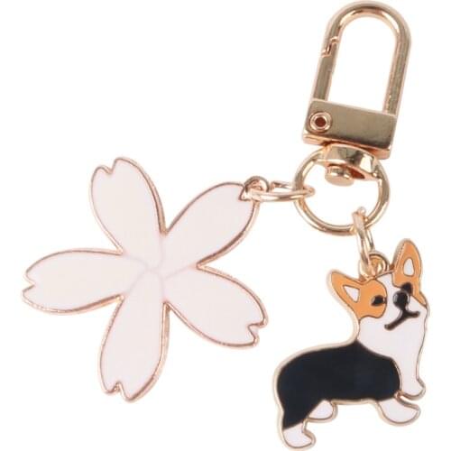 Cute Corgi Dog Trinket Key Chains Lovely Flower Accessories Pet Dog KeyChain Jewelry Women Bag Pendant Fashion Car KeyRing Gift