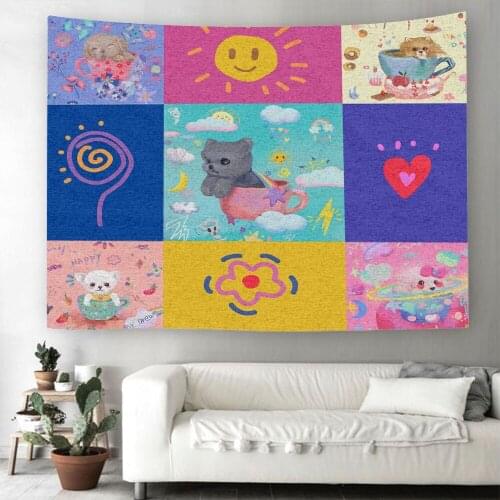 Teacup Cat Tapestry Wall Lovely Animals Hanging Carpet 3D Print Sun/Light Bulb/Flower Wall Tapestry For Kids Yoga Mat Tapestry