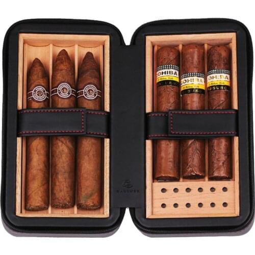 Cedar Wood Cigar Humidor Travel Leather Cigar Case W/ Humidifier Portable Charuto Humidor Box For 6 COHIBA Puros