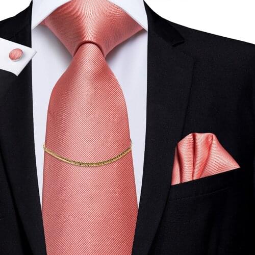 Hi-Tie Mens Neckties Luxury Coral Hanky Cufflinks Set 100% Silk Fashion With Gold Chain Ties for Men Classic Business Wedding