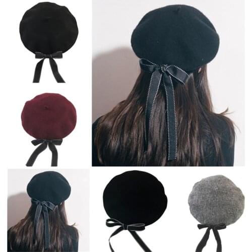Personality Bowknot Woolen Beret Trendy Ladies Autumn and Winter Buds Fashion Warm Painter Hat All-Match Black Octagonal Hat