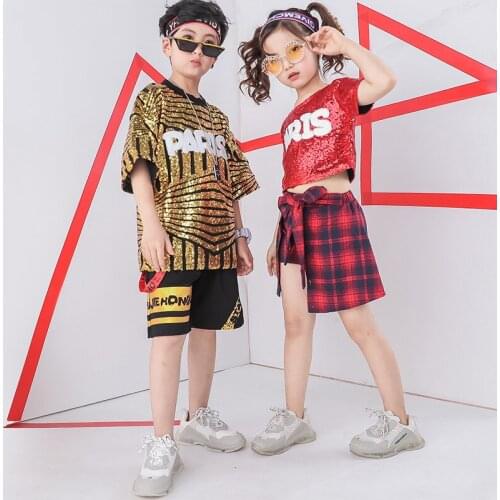 Hip Hop Girls Boys Ballroom Dancing Costumes for Kids Child Party Sequin T Shirts Pants Jazz Dance Costumes Clothes Stage Wear