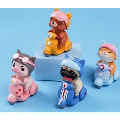 Creative Cute Cartoon Animal Resin Figurine Toy Funny Pig Bear Dog Cat Riding Little Motorcycle 3D Statue Ornament Car Home