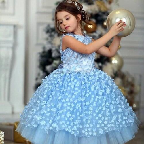 New Fashion Baby Girl Dress Princess Lace Tulle Tutu Dress Floral Sky Blue Dress Flower Party Dress AG0211